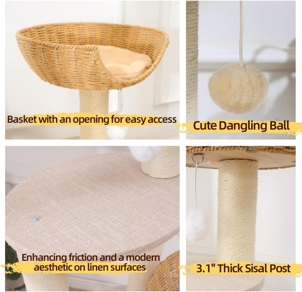 Modern Cat Tree Tower, Wooden Condo, 3 Large Rattan Wicker Basket Beds, Window Perch for Cats up to 20 lbs