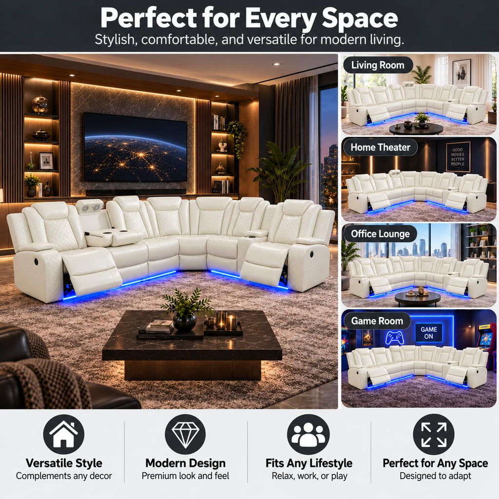 8-Seater Power Reclining Sofa Set, 4-Piece Leather Sectional Couch with 2 Loveseats, LED Lights, USB Ports, Cup