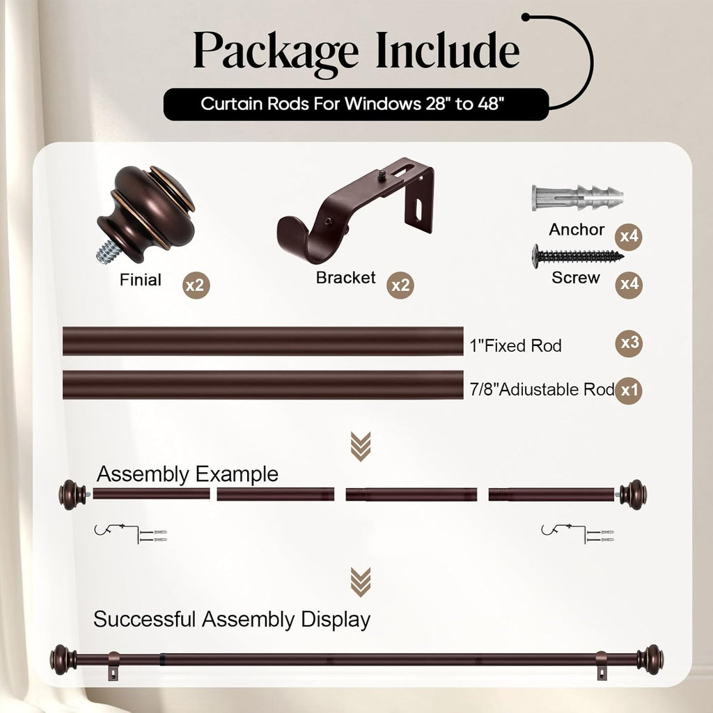 Heavy Duty Curtain Rods for Windows, Bronze Curtain Rods with Classic Finials