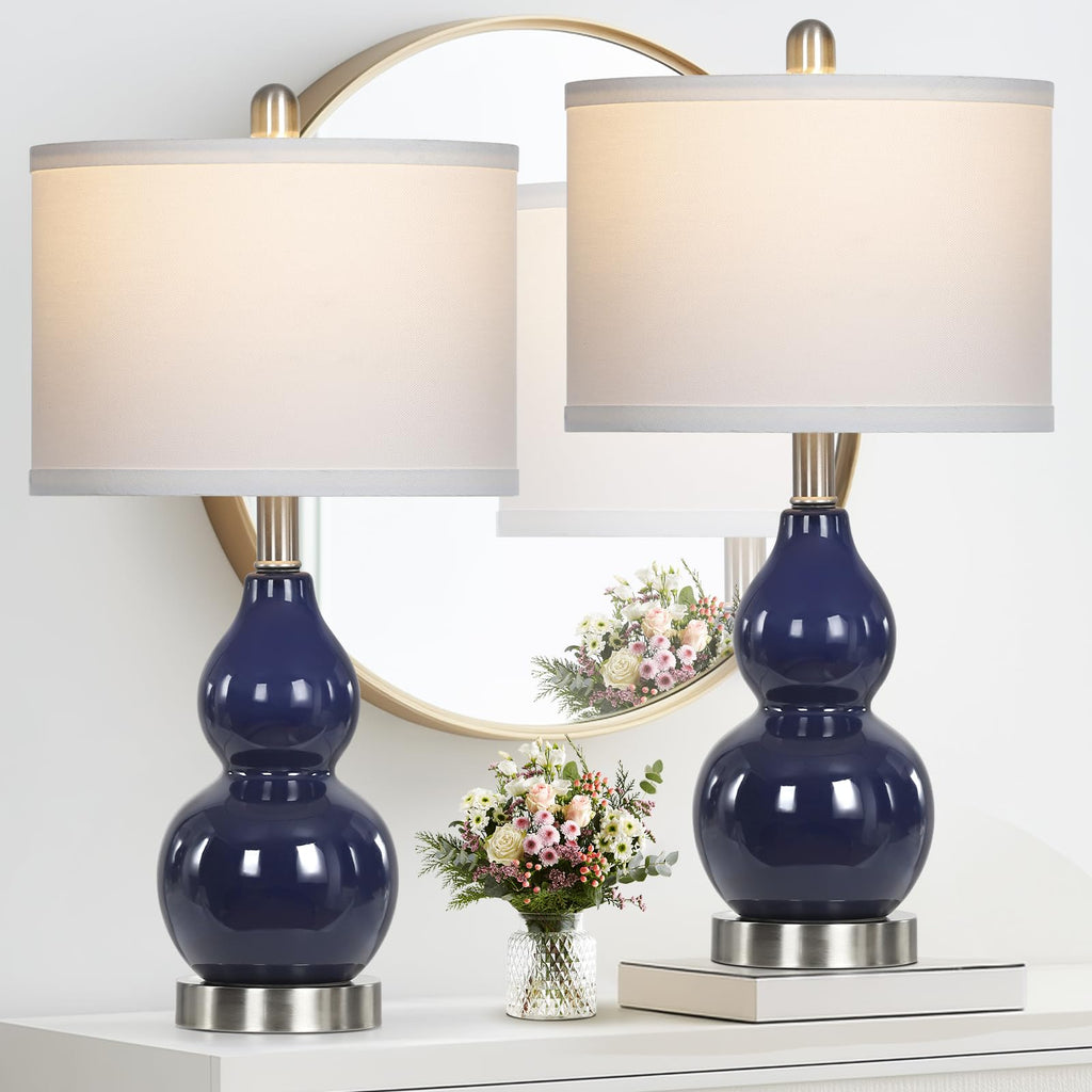 Double Gourd Ceramic Table Lamps Set of 2, Modern Navy Blue Bedside Lamps for Night Stand, Contemporary Nightstand
