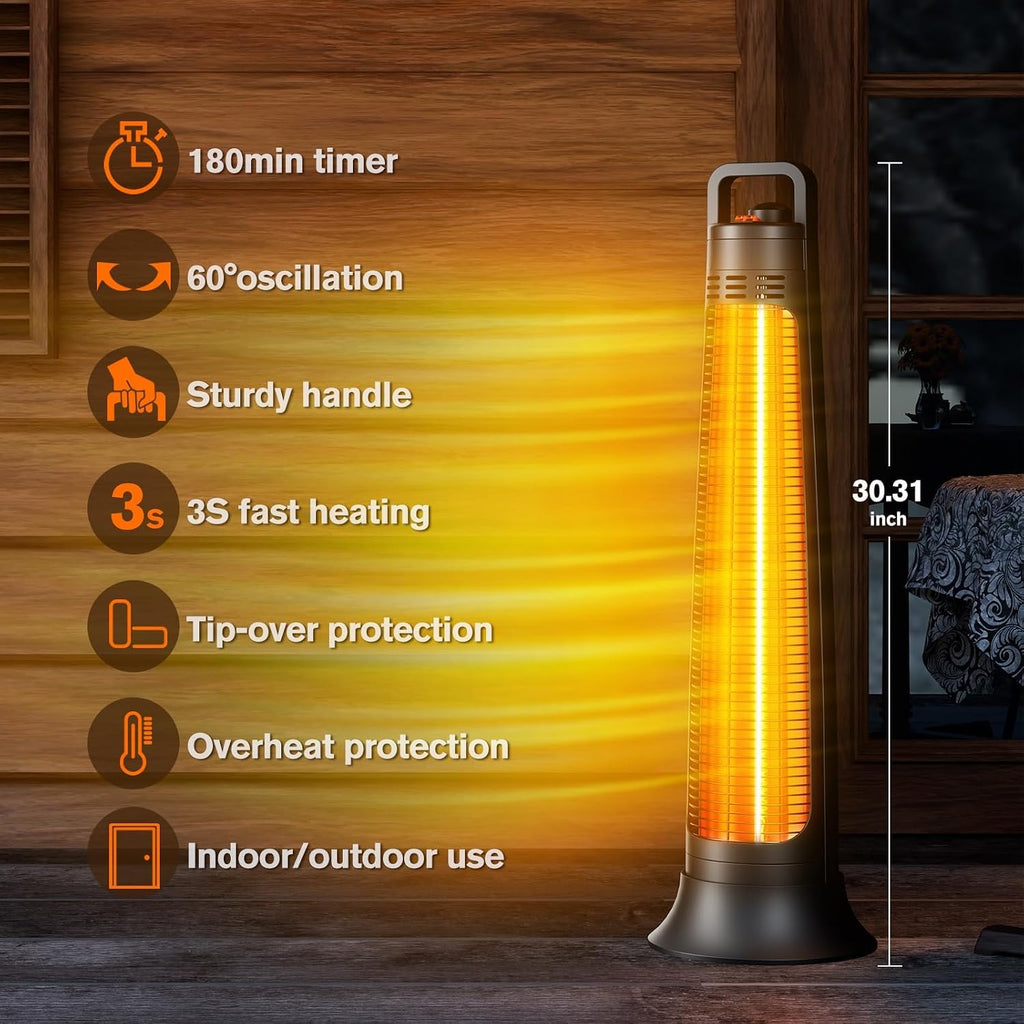 Outdoor Heaters, 1500W, Infrared Patio Heater with 3H Timer, 60° Oscillation, Tip-Over & Overheat Protection
