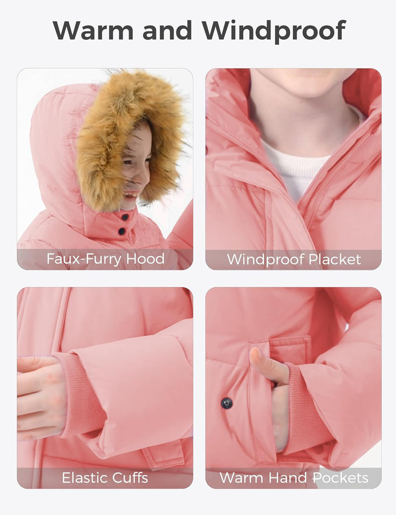 Girls' Waterproof Winter Coat Long Puffer Jacket Warm Parka Hooded