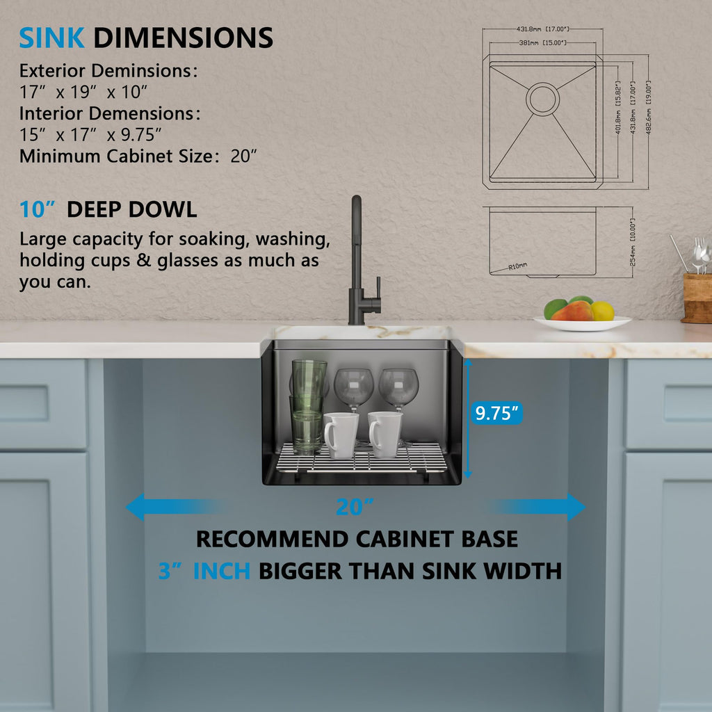 17"x19" Undermount Black Bar Prep Sink Workstation