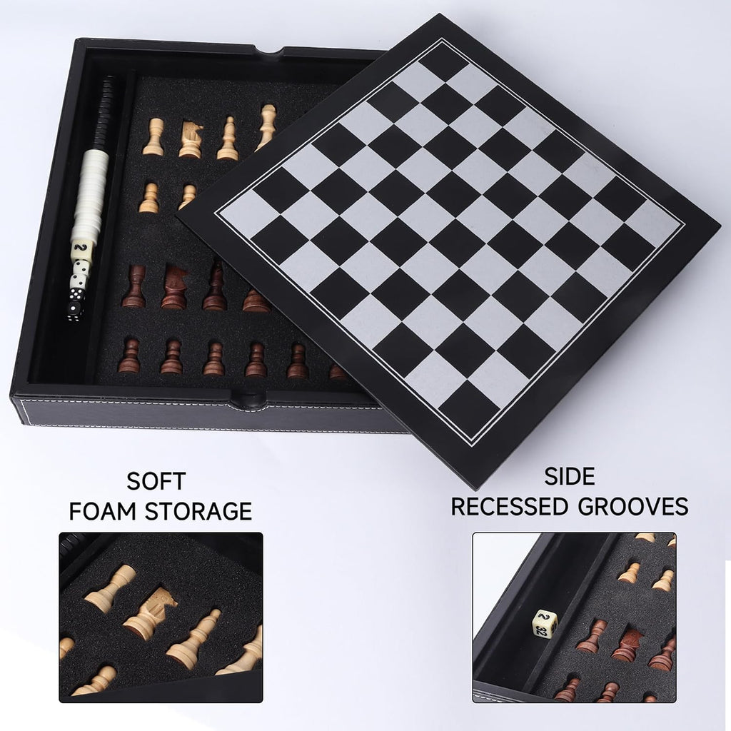 GSE 12.5" Leather 3-in-1 Chess Checkers Backgammon Set for Kids & Adults - Set of 32