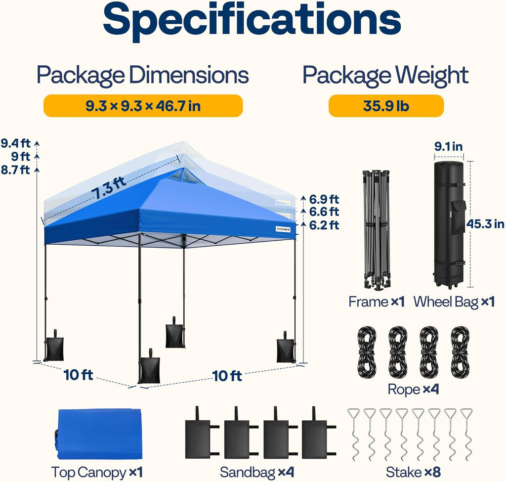 10x10ft Pop Up Canopy Tent One Push Setup Outdoor Portable Shelter Tent Heavy Duty with Wheel Carry Bag and 4 Sandbags