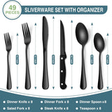 Black Silverware Set, 49-Piece Flatware Set with Drawer Organizer, Durable Stainless Steel Cutlery Set for 8