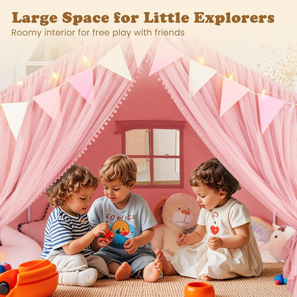 Kids Play Tent, Large Size Playhouse with Washable Cotton Mat Star Light Windows Plaid Pennants, 57.5" x 38" x 52.5"