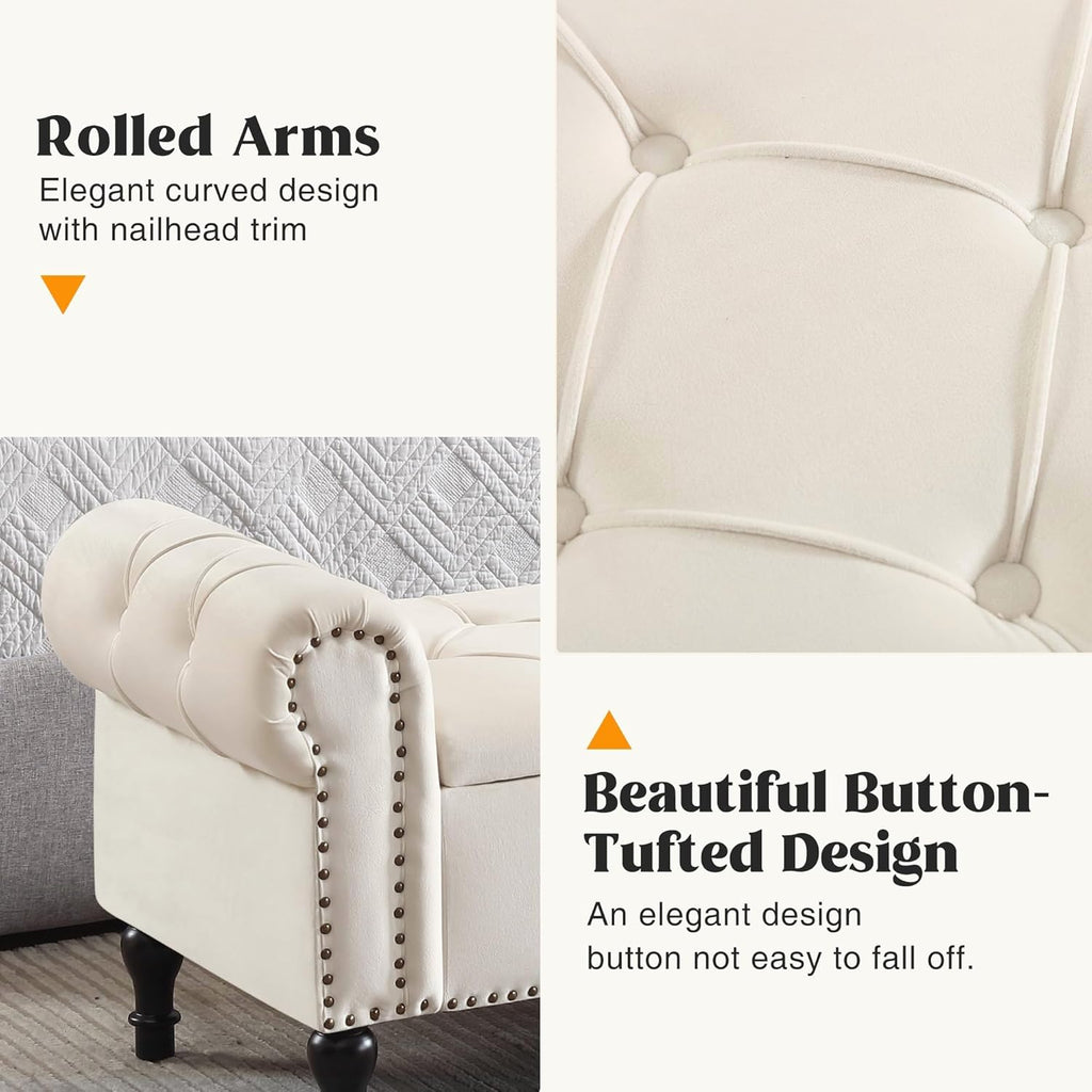 Storage Bed Bench , Velvet 67" End of Bed Benches, King Size Bench with Armrest, Tufted Button Upholstered Ottoman