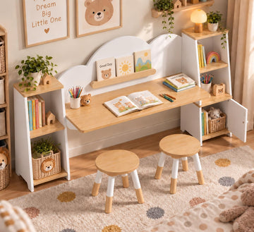 Kids Desk with Storage and 2 Stools, Wooden Children Study Desk and Chair Set with 5 Bookshelves & Cabinets