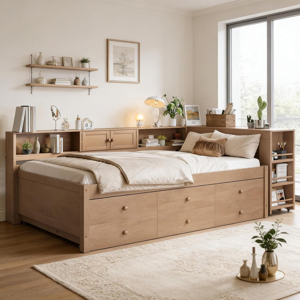 Twin Daybed Frame with Desk, Trundle & Drawers Brown