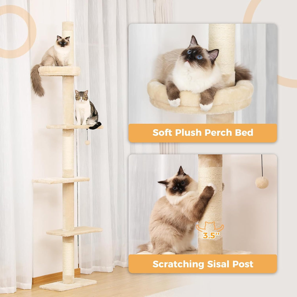 5-Tier Floor to Ceiling Cat Tree, 95-107In Tall Cat Tower Beige