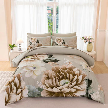 Comforter Set Khaki Floral Bedding Set 7 Pieces Flower Bed Set with Sheets Reversible Large Peony Printed On