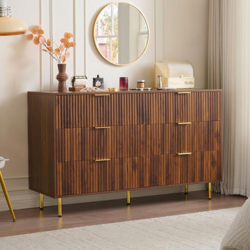 Dark Walnut Fluted 6 Drawers Dresser with Gold Handle