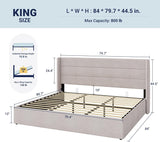 King Lift Up Storage Bed, Modern Wingback Headboard, Hydraulic Support, No Box Spring Needed, Light Beige