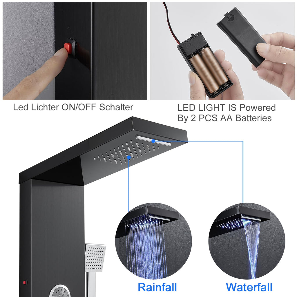 LED Shower Panel System with Massage Jets Stainless Steel Black