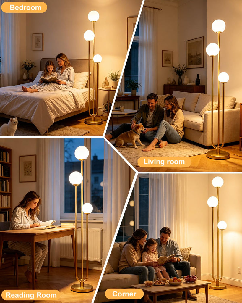63IN 3-Light Dimmable Floor Lamp, Unique Gold Tall Standing Lamps with 3000K G9 Bulbs for Reading, Mid Century Modern