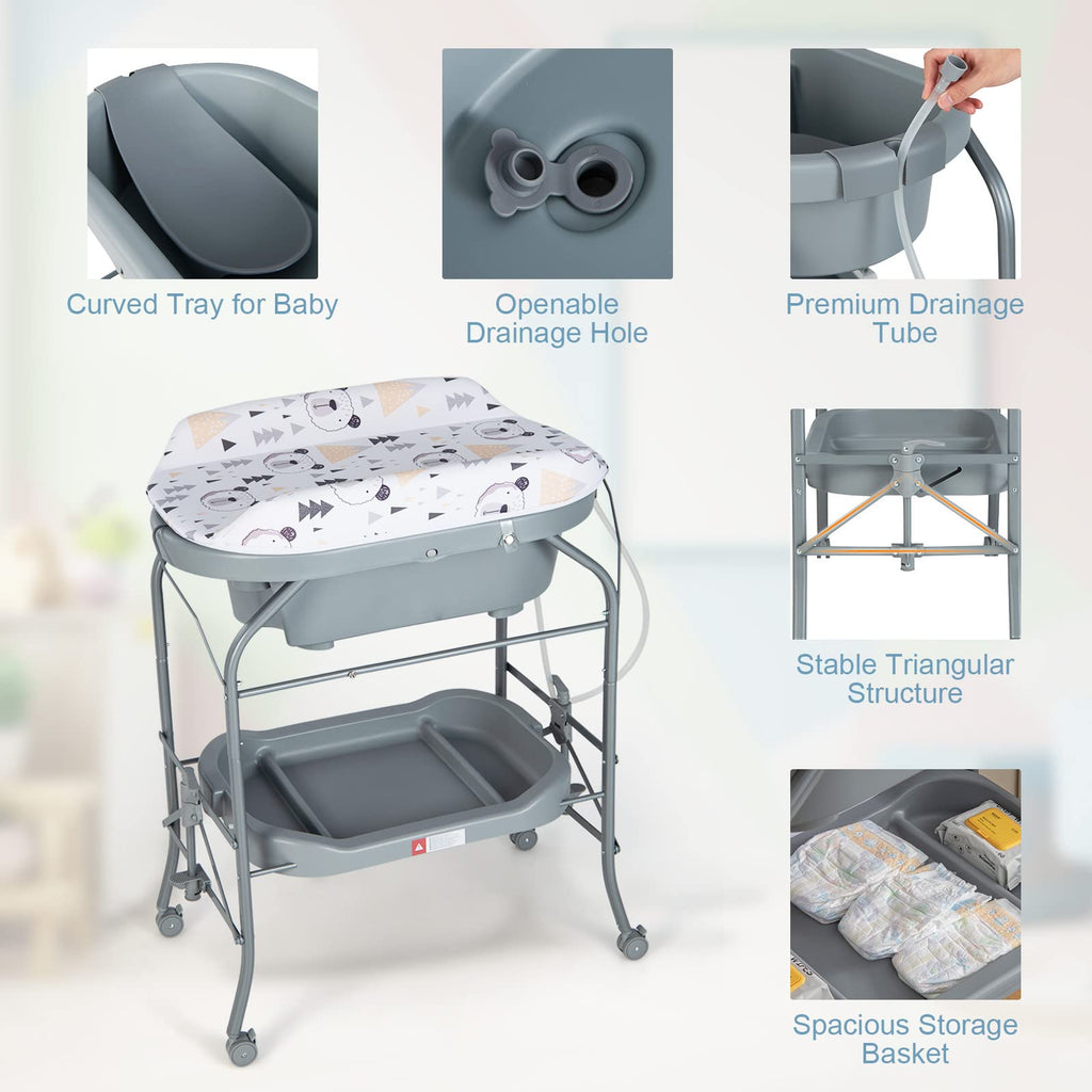 Bathtub with Stand, 2 in 1 Bath Tub & Changing Table, Foldable Infant Diaper Changing Station with Wheels, Storage