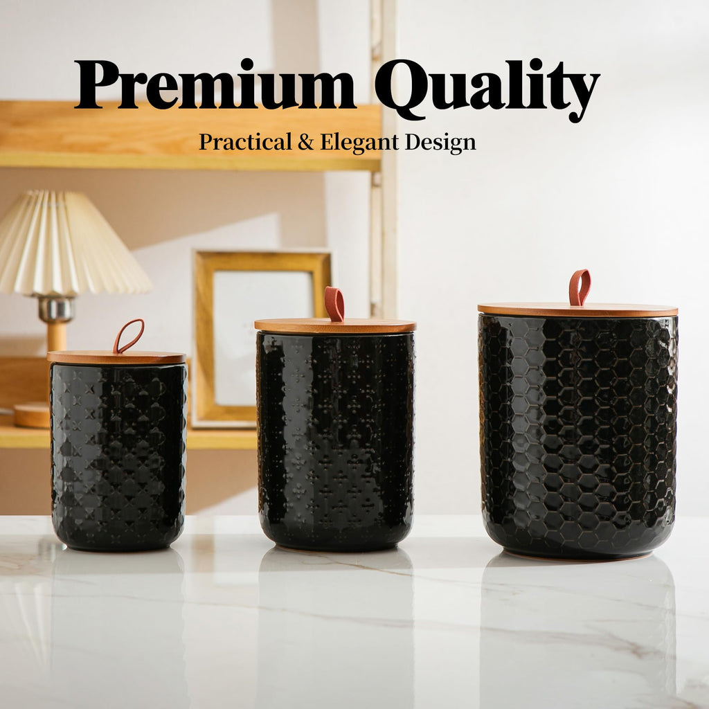 Black Embossed Ceramic Canister 3 Piece with Airtight Bamboo Lid