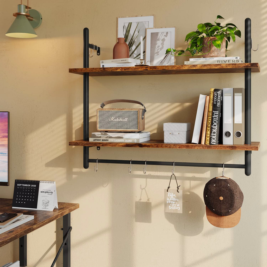 31" Industrial Pipe Wall Shelf with Towel Bar, Rustic Brown