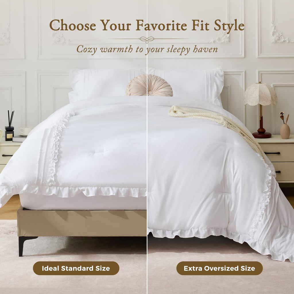 White Ruffle Comforter Set, 3 Pieces Lightweight Fluffy All Season Bedding, Farmhouse Boho Bed Sets with