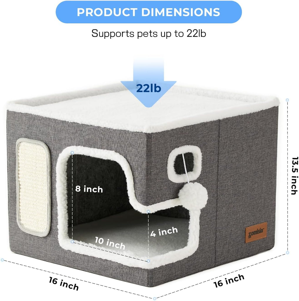 Cat Beds for Indoor Cats - Large Cat House for Pet with Fluffy Ball Hanging and Scratch Pad, Foldable Cat