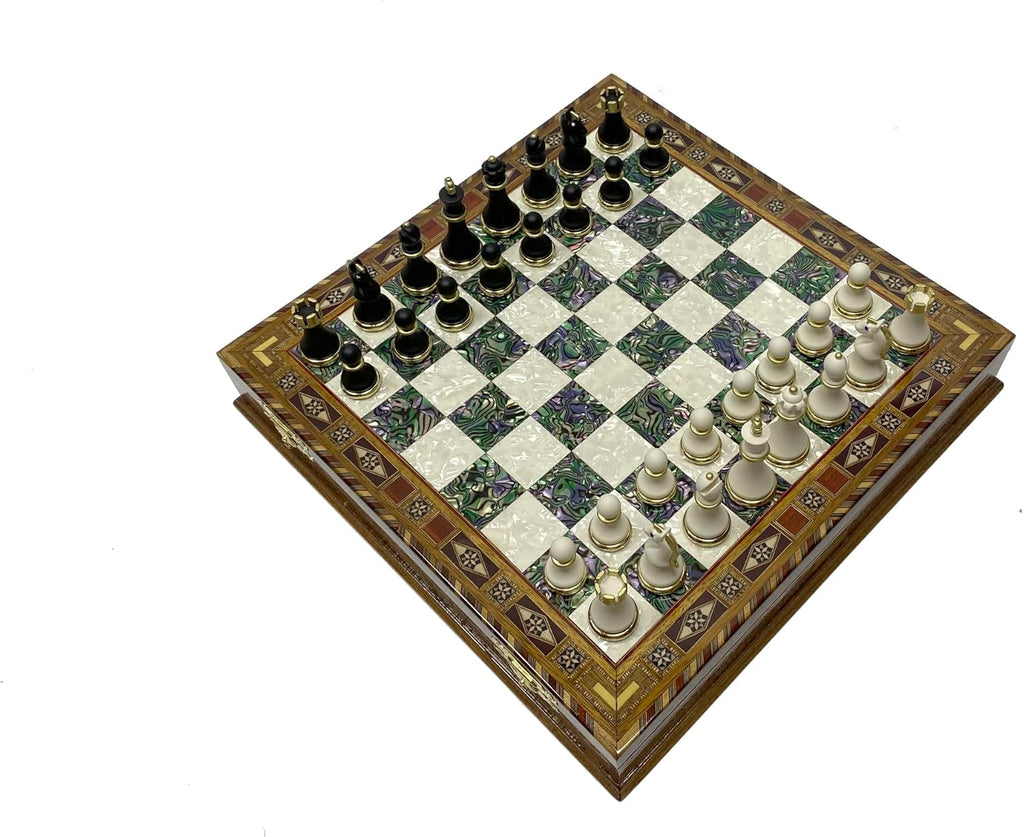 16.5 Inches Large Chess Set - Luxury Chess Pieces with 2 Extra Queens and Wooden Chess Board with Mosaic Details
