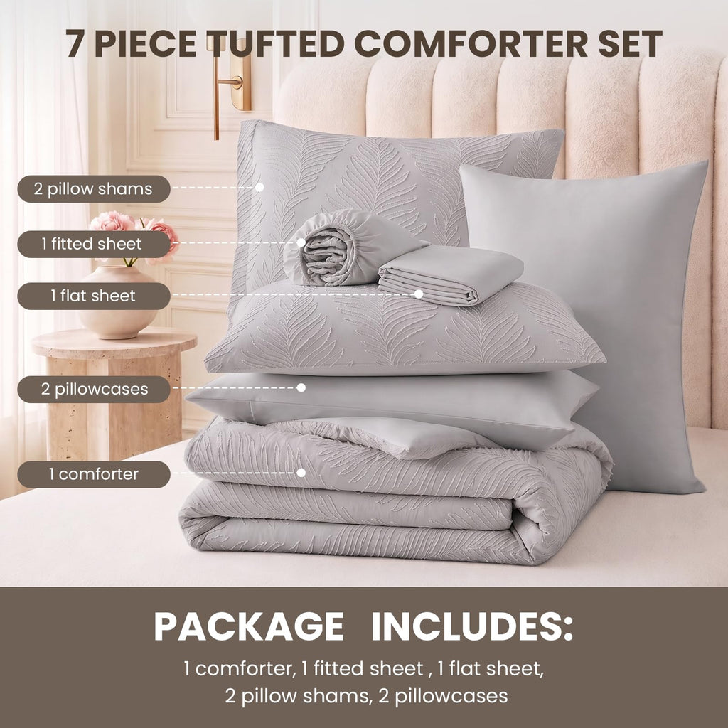 Grey Bedding Comforter Set King Size 7 Pieces Tufted Boho Comforter Set Leaves Floral Farmhouse Shabby Chic Bedding