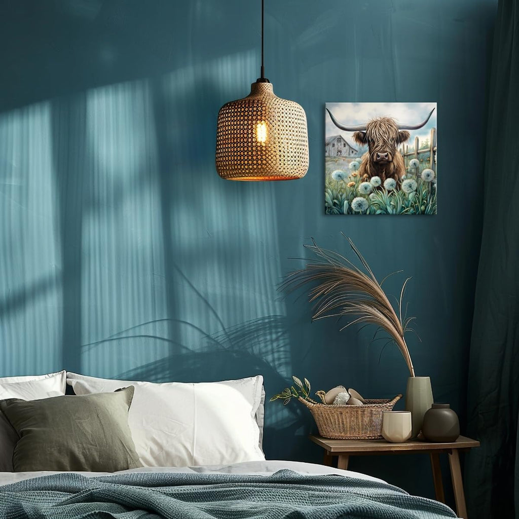Highland Cow Wall Decor Teal Cow Canvas Print Wall Art20x20 In