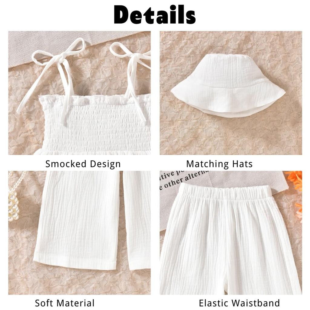 Toddler Girls Summer Clothes Halter Smocked Outfit Linen Sleeveless Clothing White