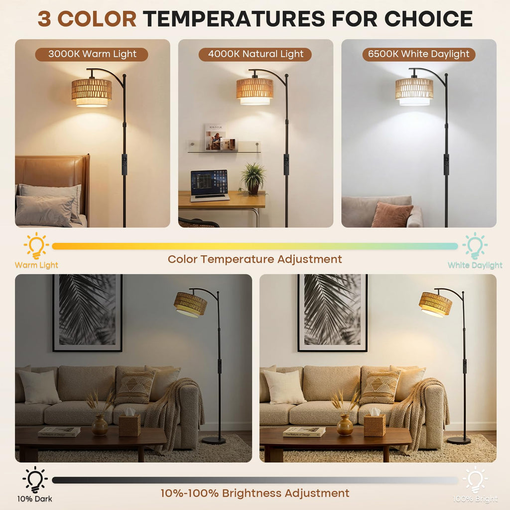 Arc Floor Lamp with Remote, 57.5"-67" Height Adjust Dimmable Bulb Floor Lamps with 3 Color Temps, Boho Standing Lamp