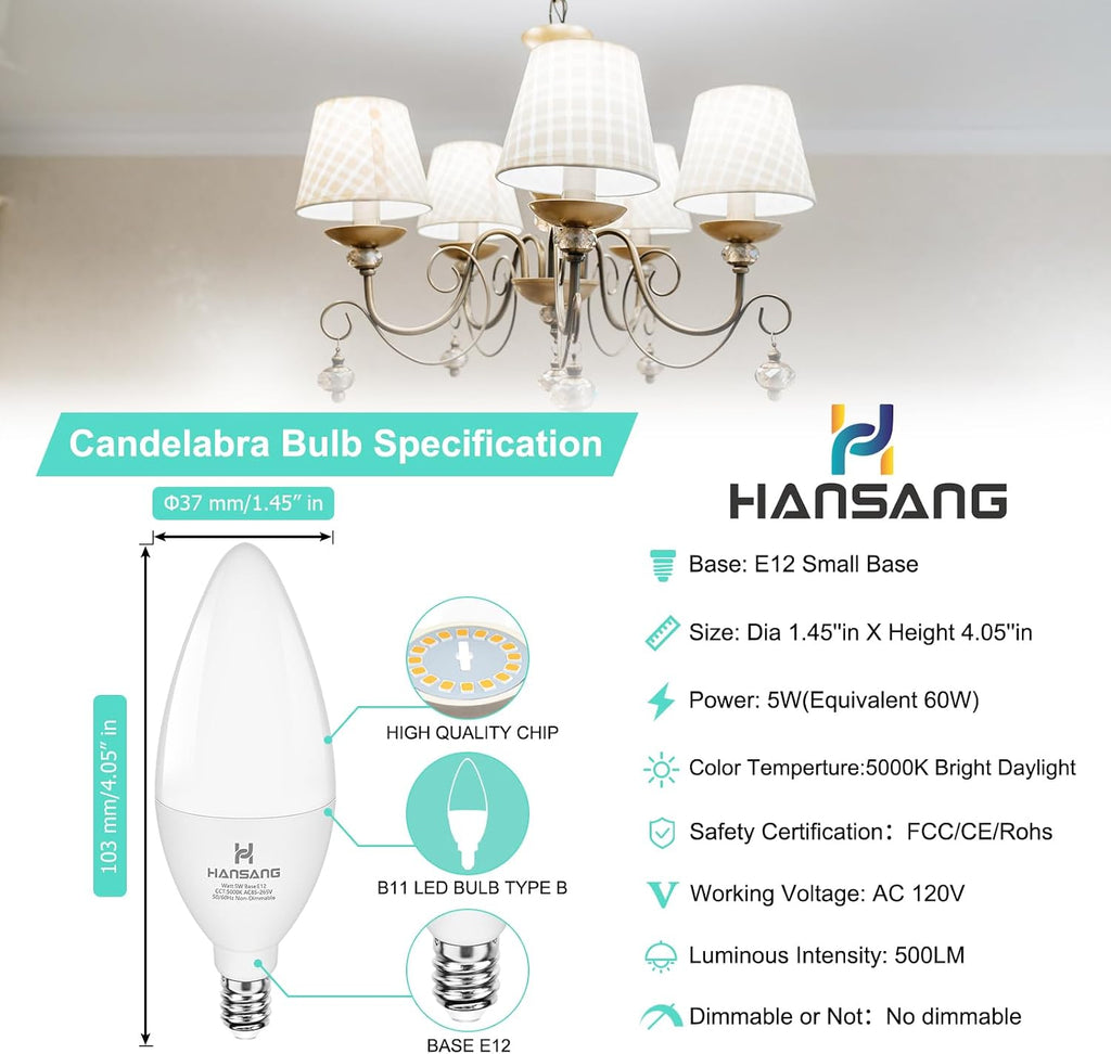 E12 LED Ceiling Fan Light Bulbs 60W Equivalent 5000K Daylight