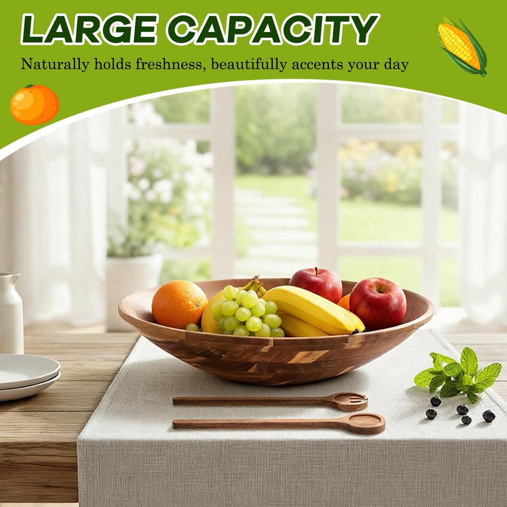 Large 18 Inch Acacia Wood Salad Bowl Set with Serving Utensils