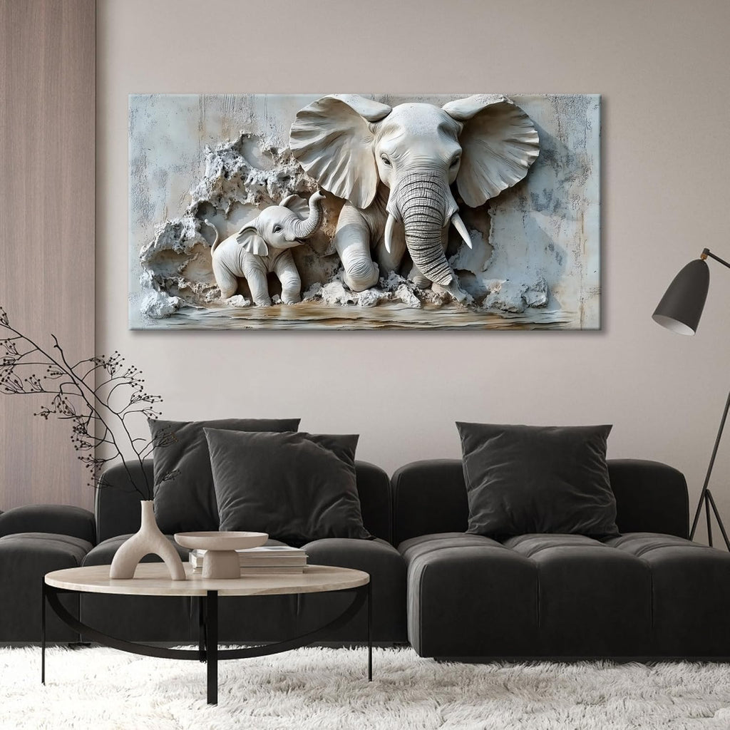 Warm Mother & Baby Elephant Texture Art Picture - Frameless Canvas Wall Art Painting, Family Room, Hallway - 58'' x