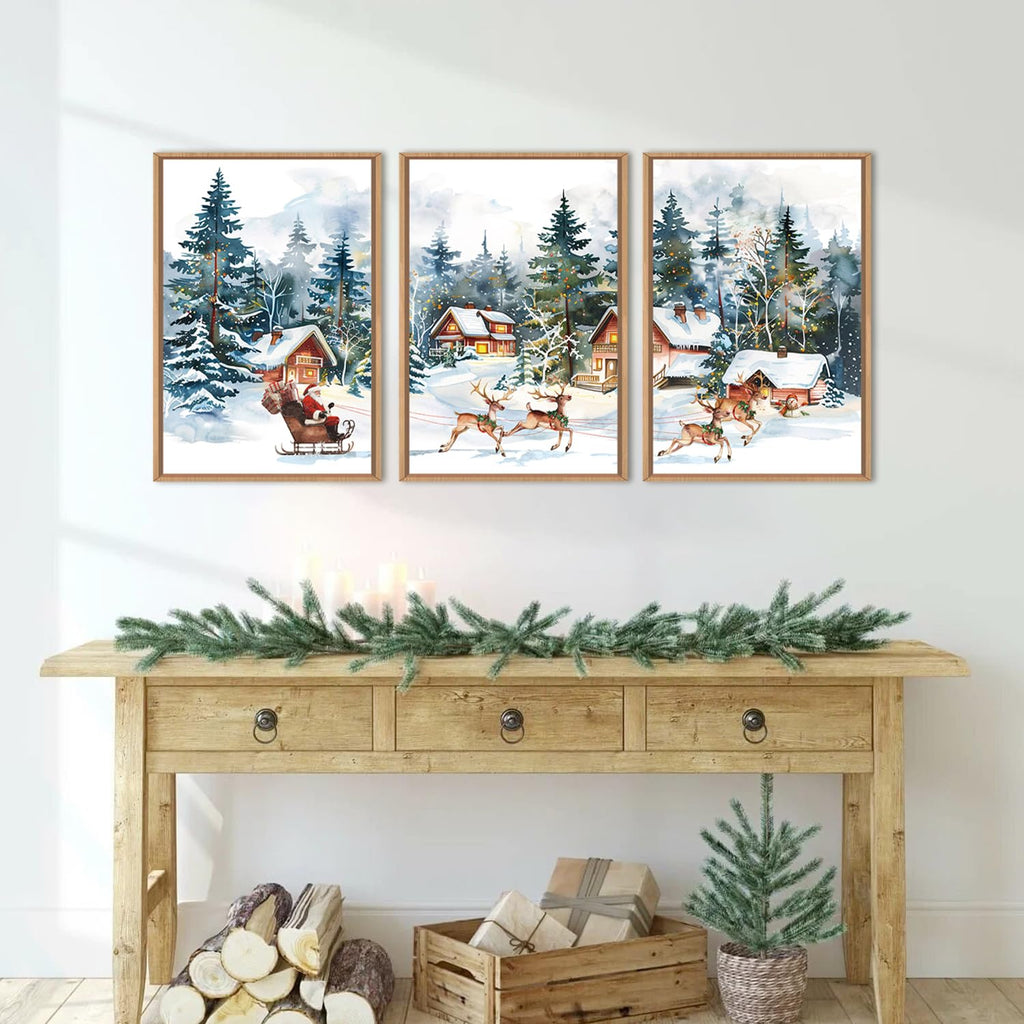 Christmas Santa Sleigh Deer Framed Canvas Wall Art Set -24"x36"x3