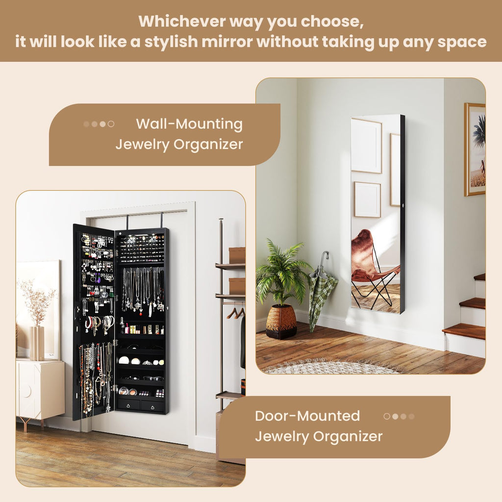 2 LEDs Jewelry Armoire with Full Length Mirror, 47.5" H Wall or Door Mounted Jewelry Cabinet with 2 Drawers, Lockable