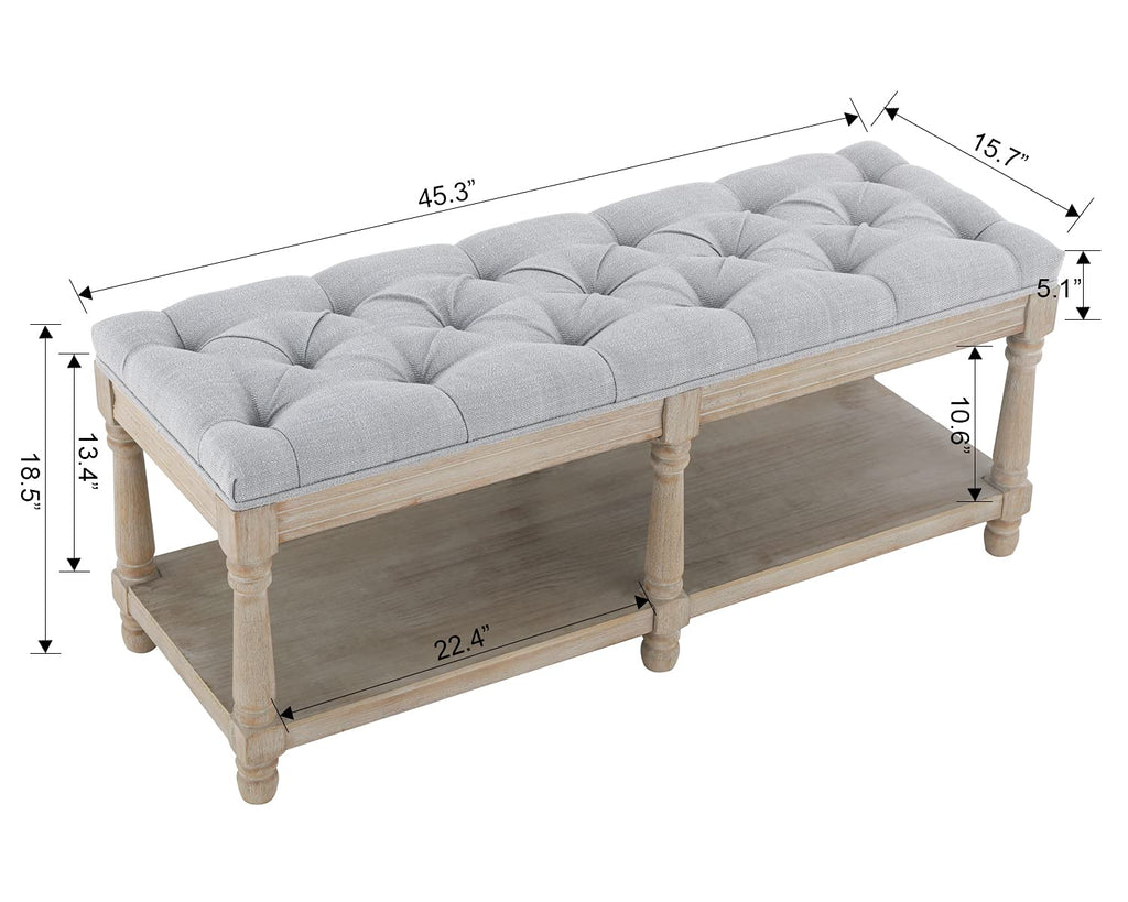 Farmhouse French Storage Bench, Upholstered End of Bed Shoe Bench 45 Inch, Wood Tufted Bedroom Bench, Dining