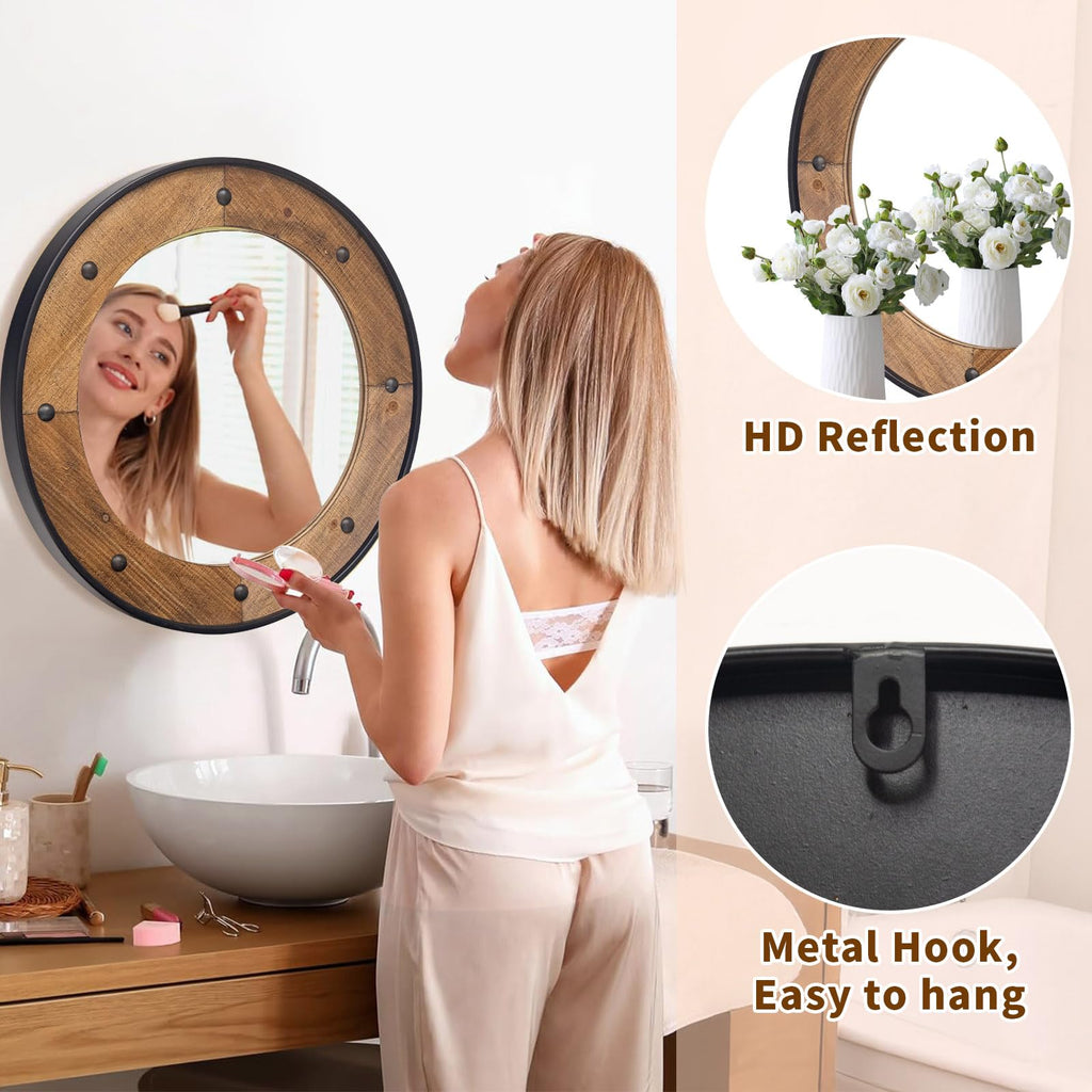 Rustic Round Wall Mirror 24 Inch, Natural Wood Frame with Black Metal Trim, Industrial Farmhouse Style Wall Mirror