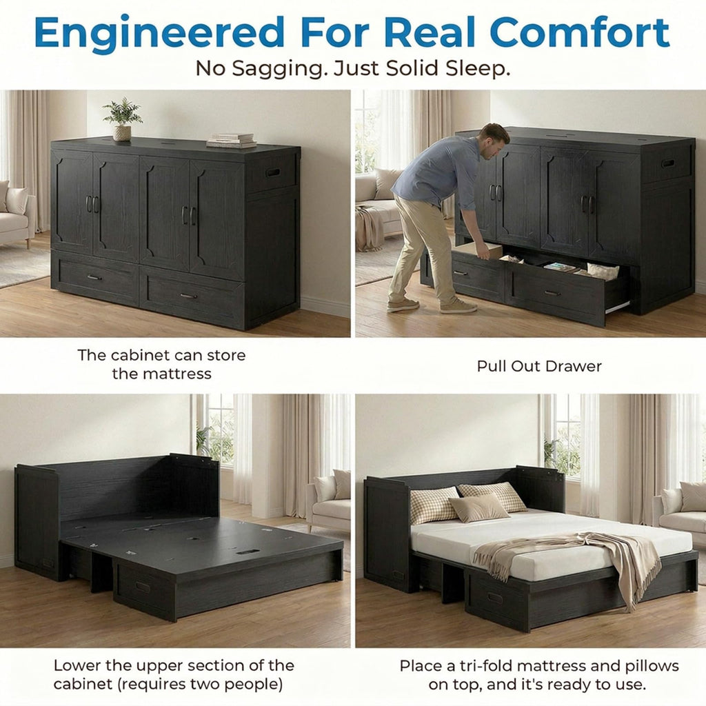 Queen Murphy Bed Cabinet with Tri-Fold Mattress Included, Black