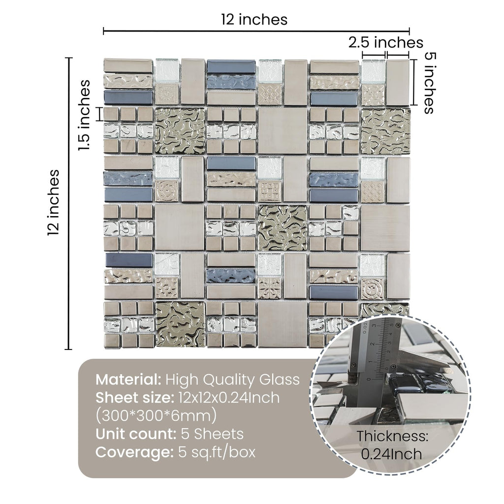 Glass Mosaic Tile Backsplash Grey and Silver 12 x 12 Inch 5 sq.ft.
