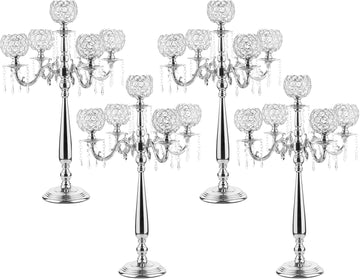 4Sets 5 Arm Crystal Candelabra Centerpieces,29.5Inches Tall Silver Metal Candlestick Holders with 5 Flower Bowl Holdern