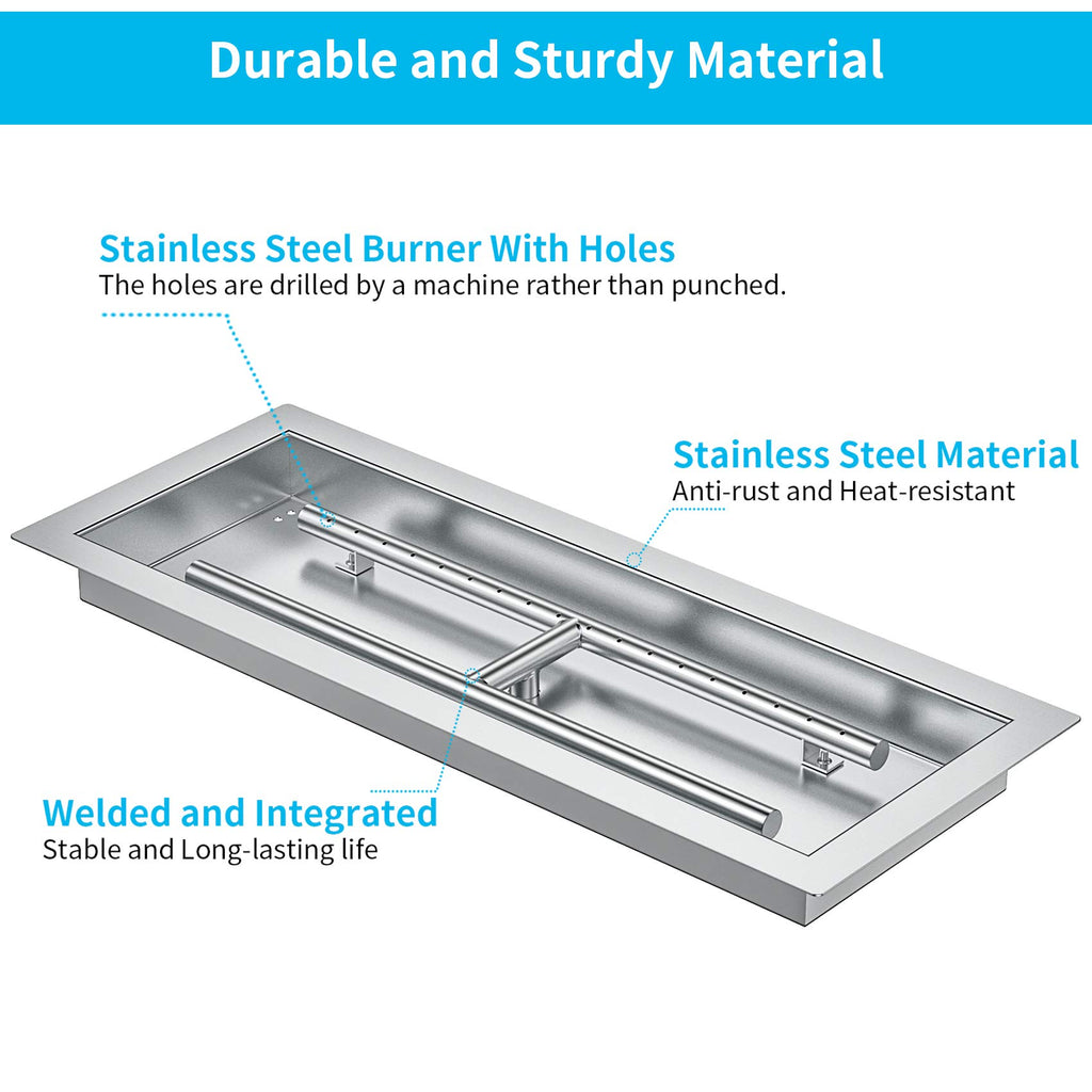 Rectangular Stainless Steel Drop-in Fire Pit Pan with Burner for Indoor/Outdoor, 24 by 8 Inch Burning Area