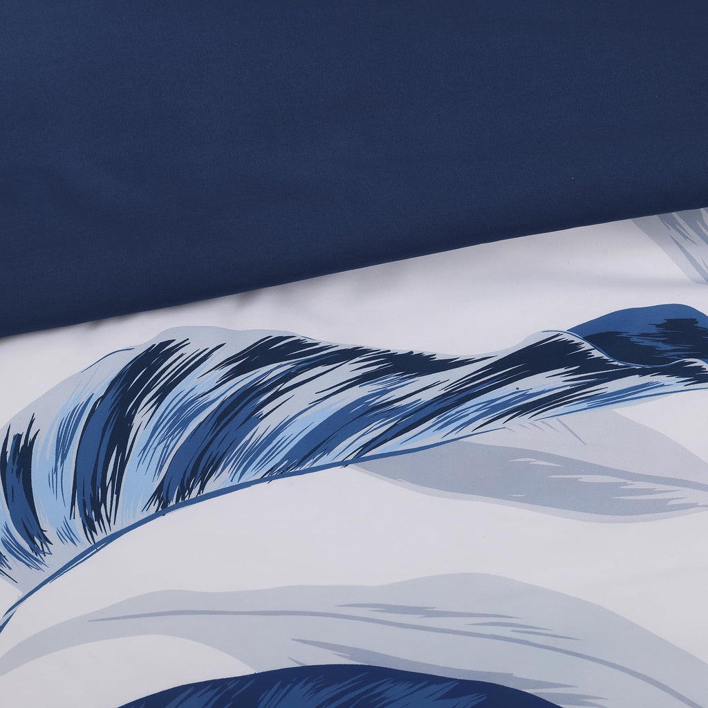 Comforter Set- 7 Pieces Blue Tropical Leaves Soft Bedding Sets, Coastal Bed in a Bag, Botanical Printed