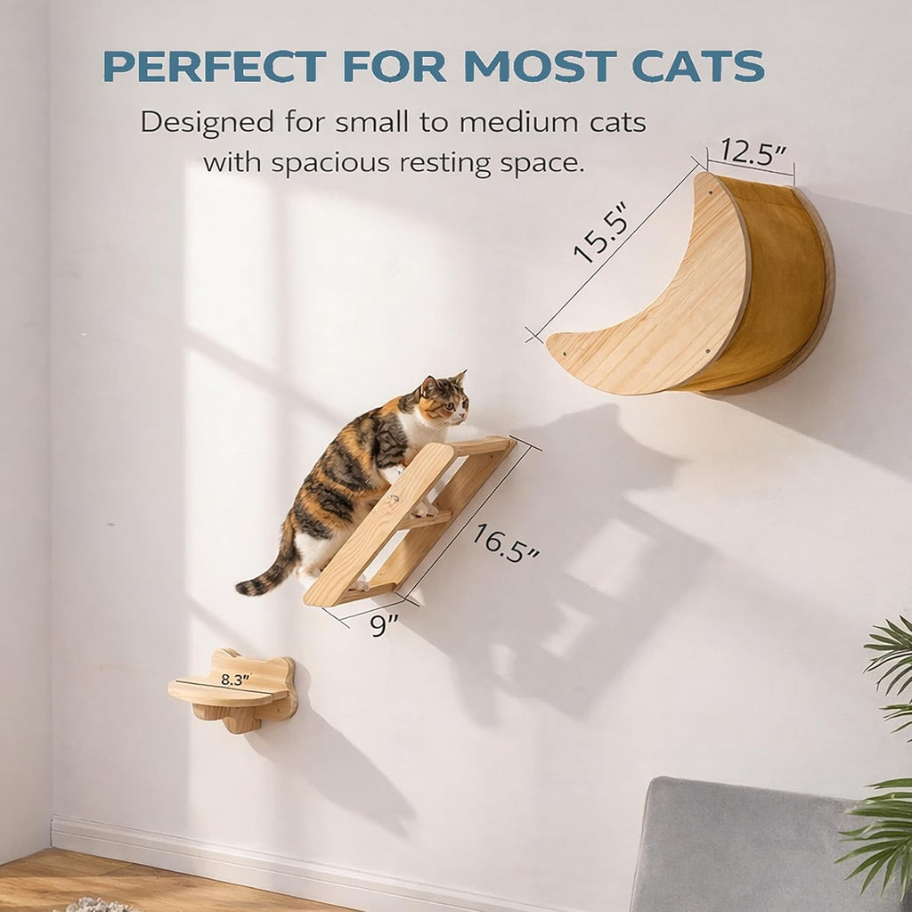 Cat Wall Shelves Set, Solid Wood Moon Bed, Perch & Stair for Climb and Rest