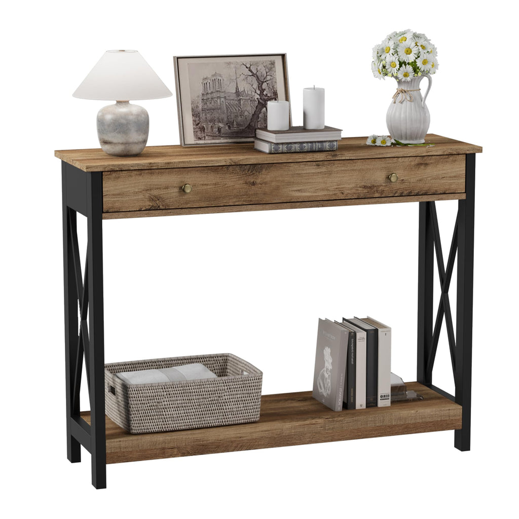 40" Farmhouse Console Table with Drawer and Storage Shelves