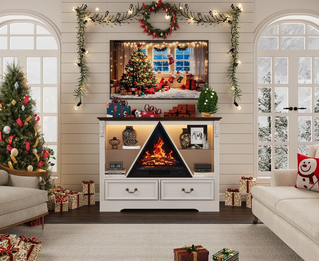 91" Electric Fireplace TV Stand with Mantel, Antique White Entertainment Center with Carving Holds TV up to 100 Inch