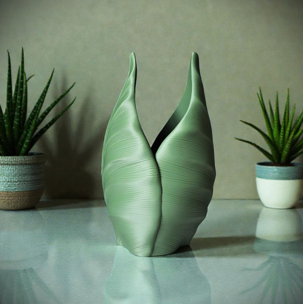 Modern Leaf Vase - 9.5" Flower Pot Table Decor, Unique Boho 3D Printed Sculptural Planter, Aesthetic Home Office