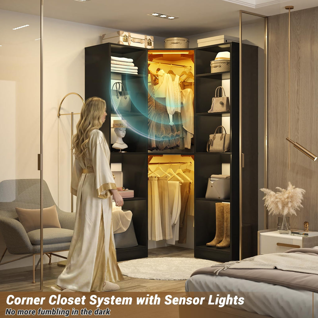 Corner Closet System with 2 Motion Sensor Lights, 39.2" Corner Closet Organizer with 12 Shelves, Closet Corner with 2