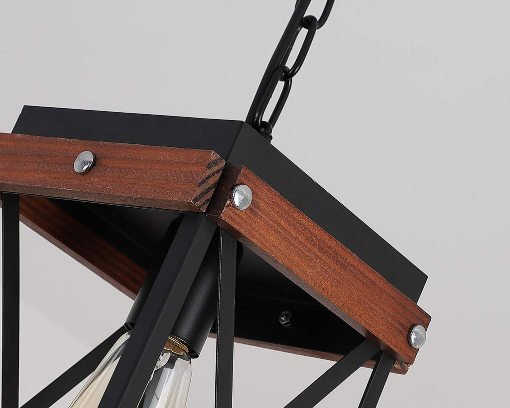 Rustic Farmhouse Plug in Pendant Light with 15ft Cord, On/Off Switch, Wood & Metal Cage Adjustable Chains Industrial
