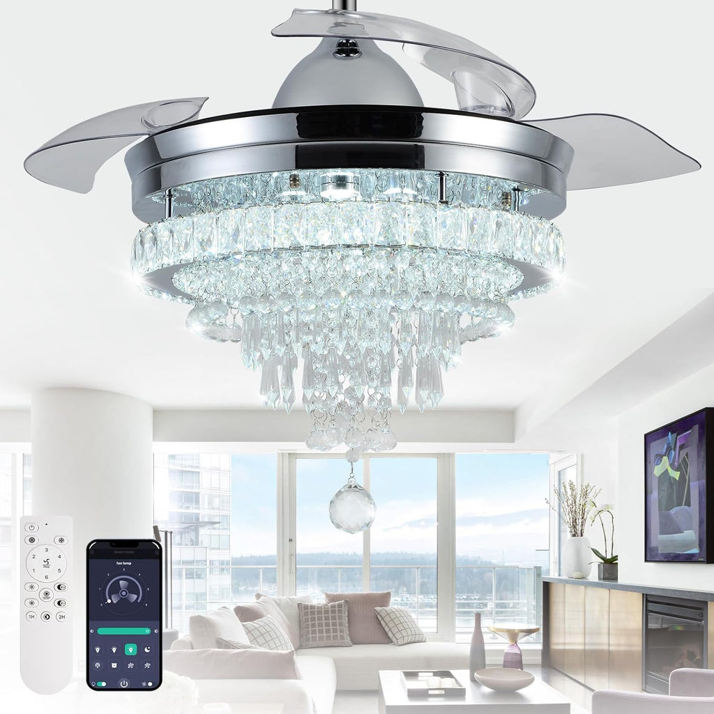 42" Modern Crystal Chandelier Ceiling Fan with Light & Remote,Dimmable LED Fandelier ,3 Color Temperatures,6 Speeds