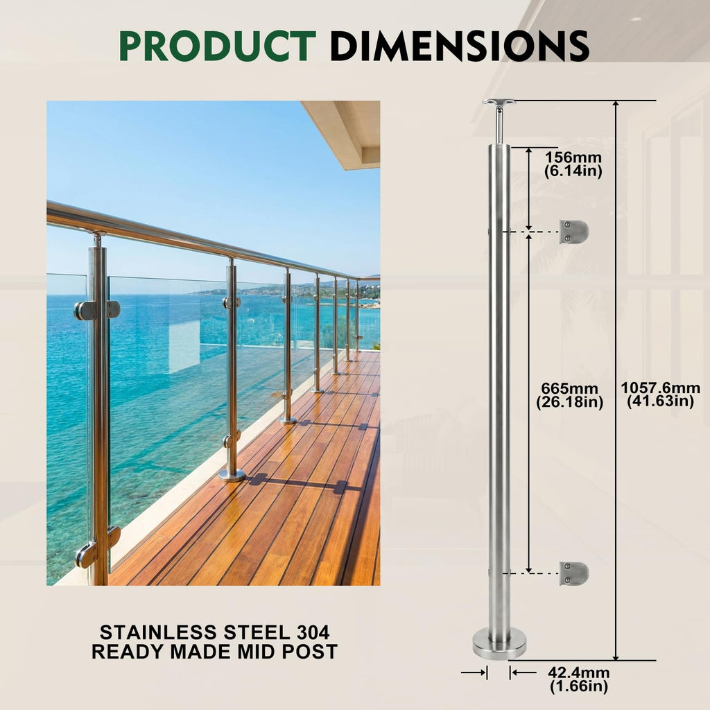 2-Pack Glass Railing Posts - 110cm, Silver
